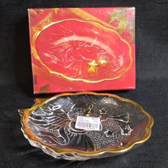 Vintage MIKASA Holiday Angel Song Gold Trim Clear Glass 6" Trinket Candy Dish - Picture 1 of 6